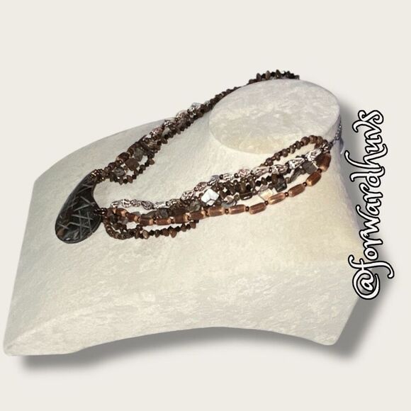 Multi-Strand Shell & Wood Bead Necklace with Large Shell Pendant - Picture 3 of 11